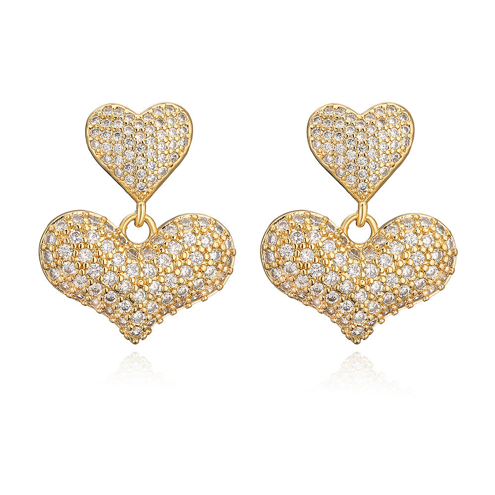 Geometric Heart-Shaped Copper Earrings with Real Gold Plating and Full Zirconia Accents for Women