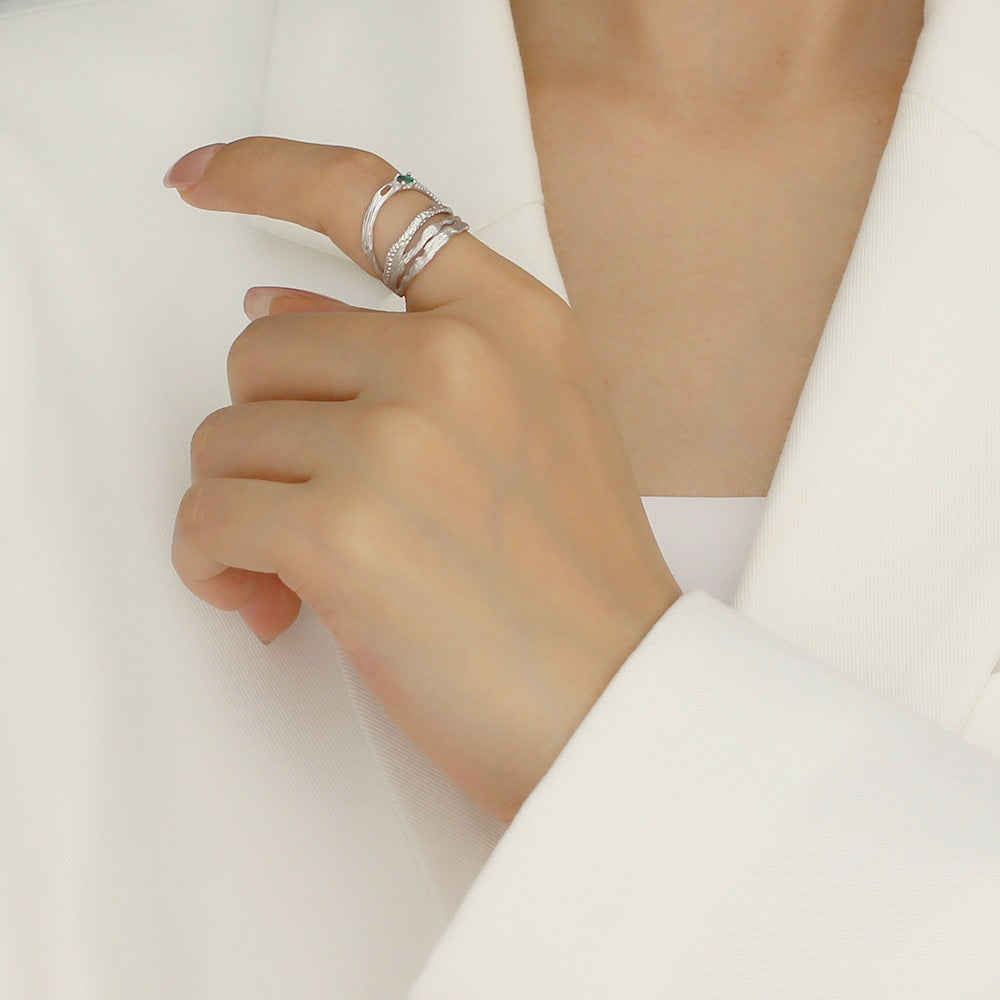 Minimalist 925 Sterling Silver Geometric Irregular Double Layer Open Ring