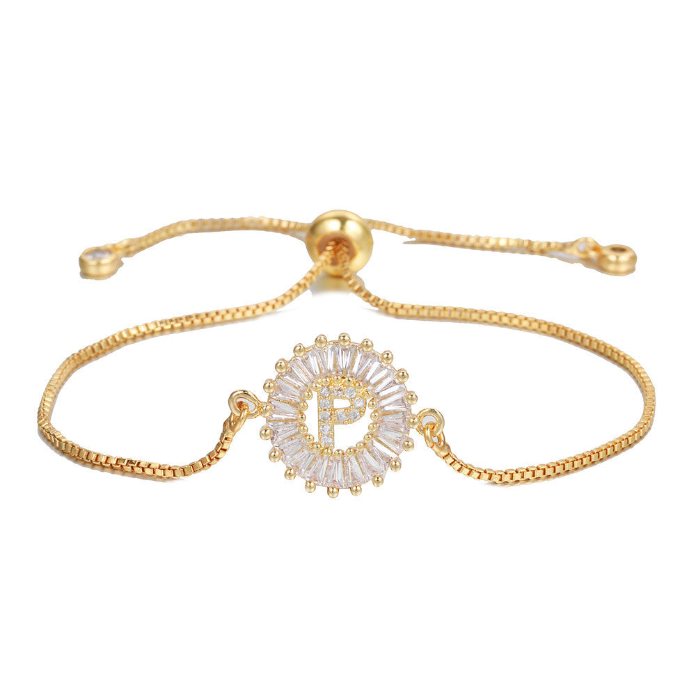 Minimalist Gold Plated Brass Letter Bracelet with Cubic Zirconia Adjustable A-Z