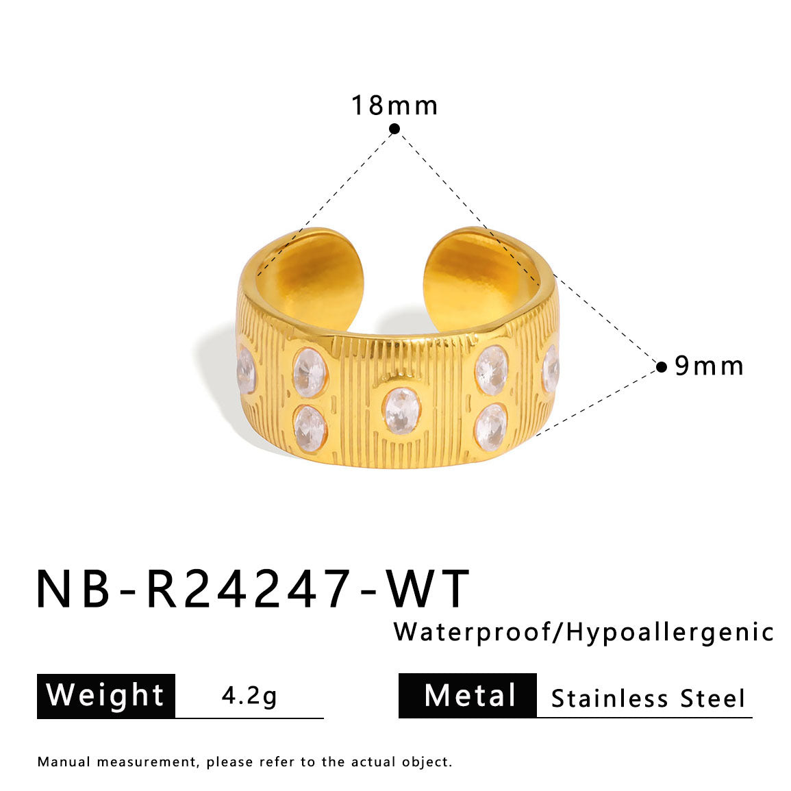 Adjustable Round Stainless Steel Ring with 18K Gold Plating and Colorful Zircon Inlay for Unisex Wear