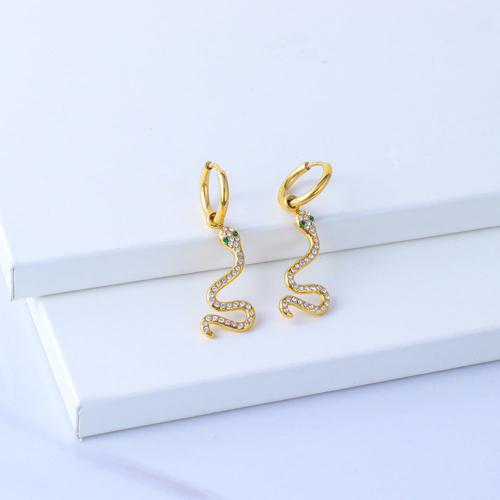 Orecchini da donna alla moda a forma di serpente geometrico in acciaio inossidabile con placcatura in oro 18 carati e intarsio completo di zirconi
