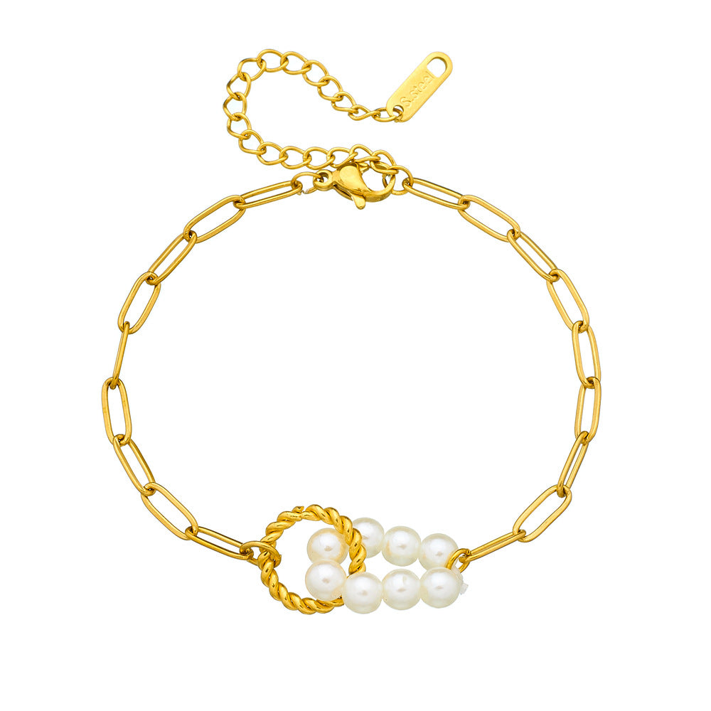 Vintage Minimalist Elegant Gold Plated Geometric Oval Round Faux Pearl Knot Bracelet