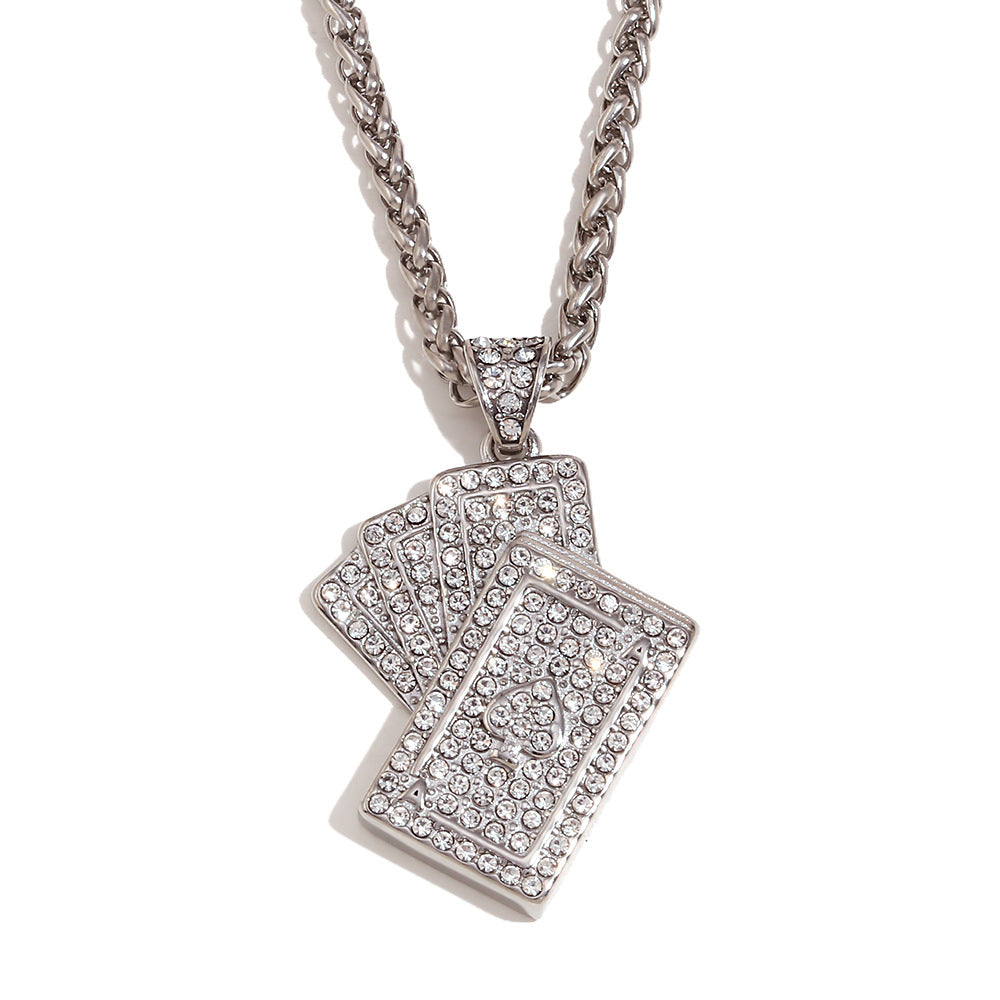 Minimalist Poker Card Pendant Necklace for Women Stainless Steel with 18K Gold Plating and Full Rhinestone Inlay on Adjustable Chain