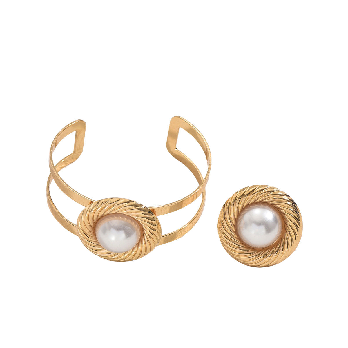 Set di bracciale e anello da donna a cerchio geometrico con intarsio di perle in lega