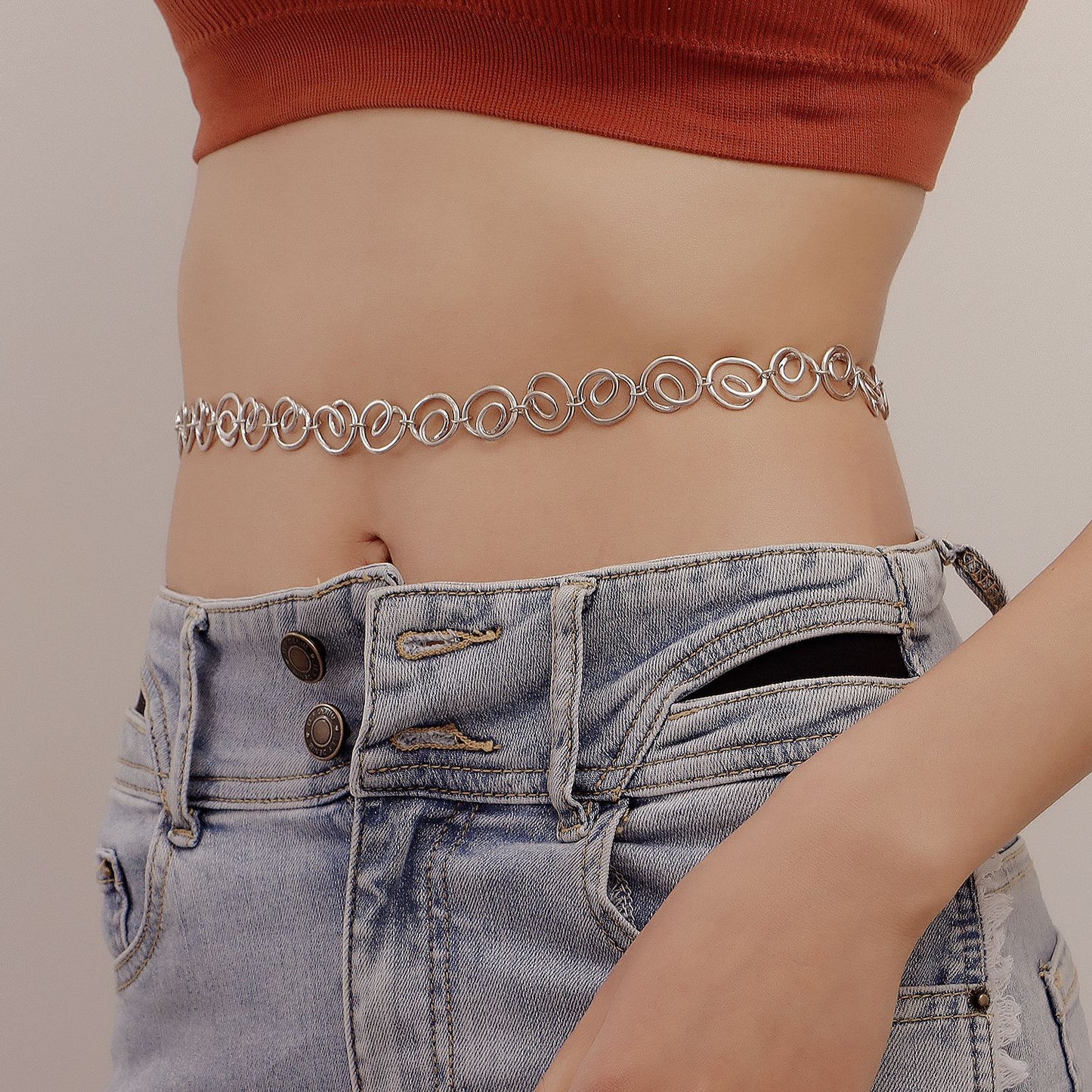Punk Style Spiral Geometric Waist Chain for Women Made of Metal Adjustable Single Loop Fashion Accessory