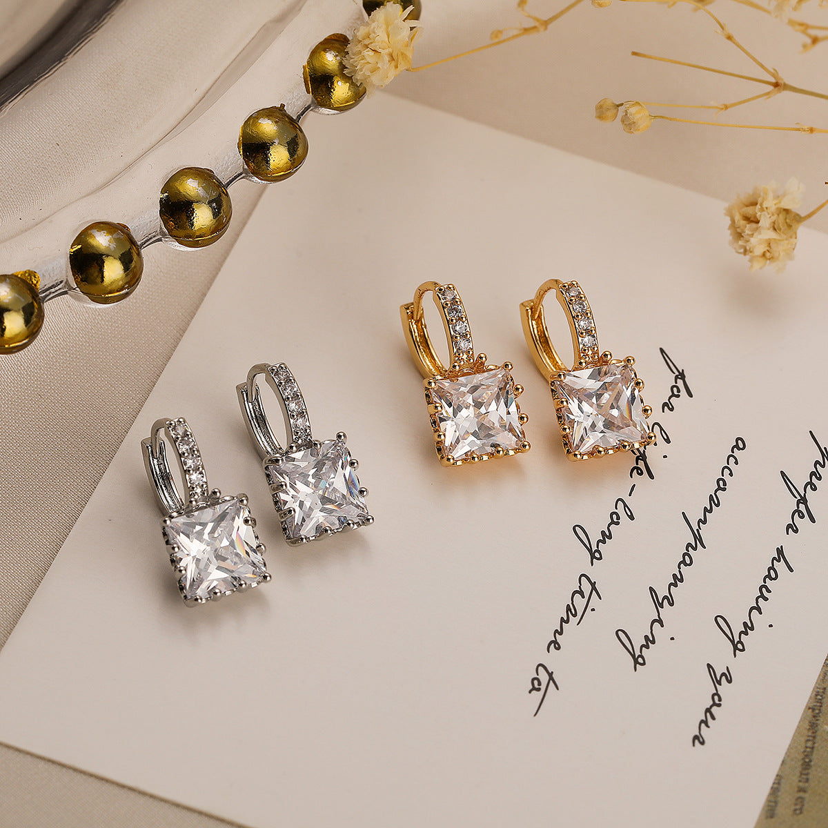 Minimalist Geometric Copper Earrings with Gold Plating and Cubic Zirconia for Women
