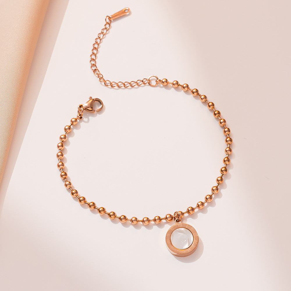 Minimalist Geometric Round Pendant Titanium Steel Bracelet for Women with 18K Rose Gold Plating and Letter Accent