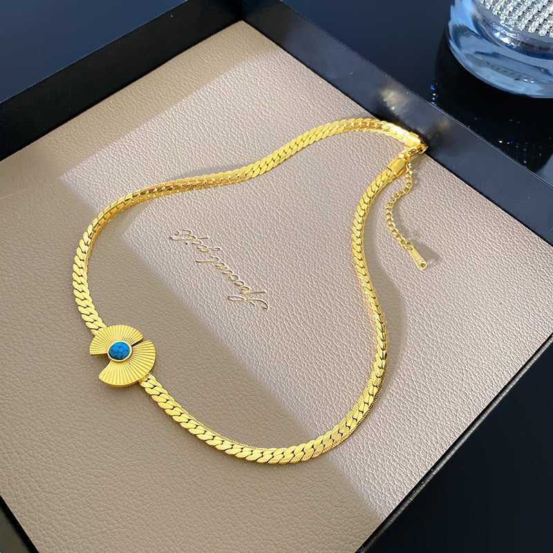Vintage Geometric Fan Shape Titanium Steel Plated Snake Rope Chain Necklace with Cubic Zirconia