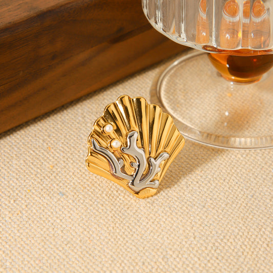 Anello da Donna Minimalista Geometrico in Acciaio Inossidabile con Placcatura Bicolore Oro e Argento e Accenti in Corallo, Conchiglia e Perla