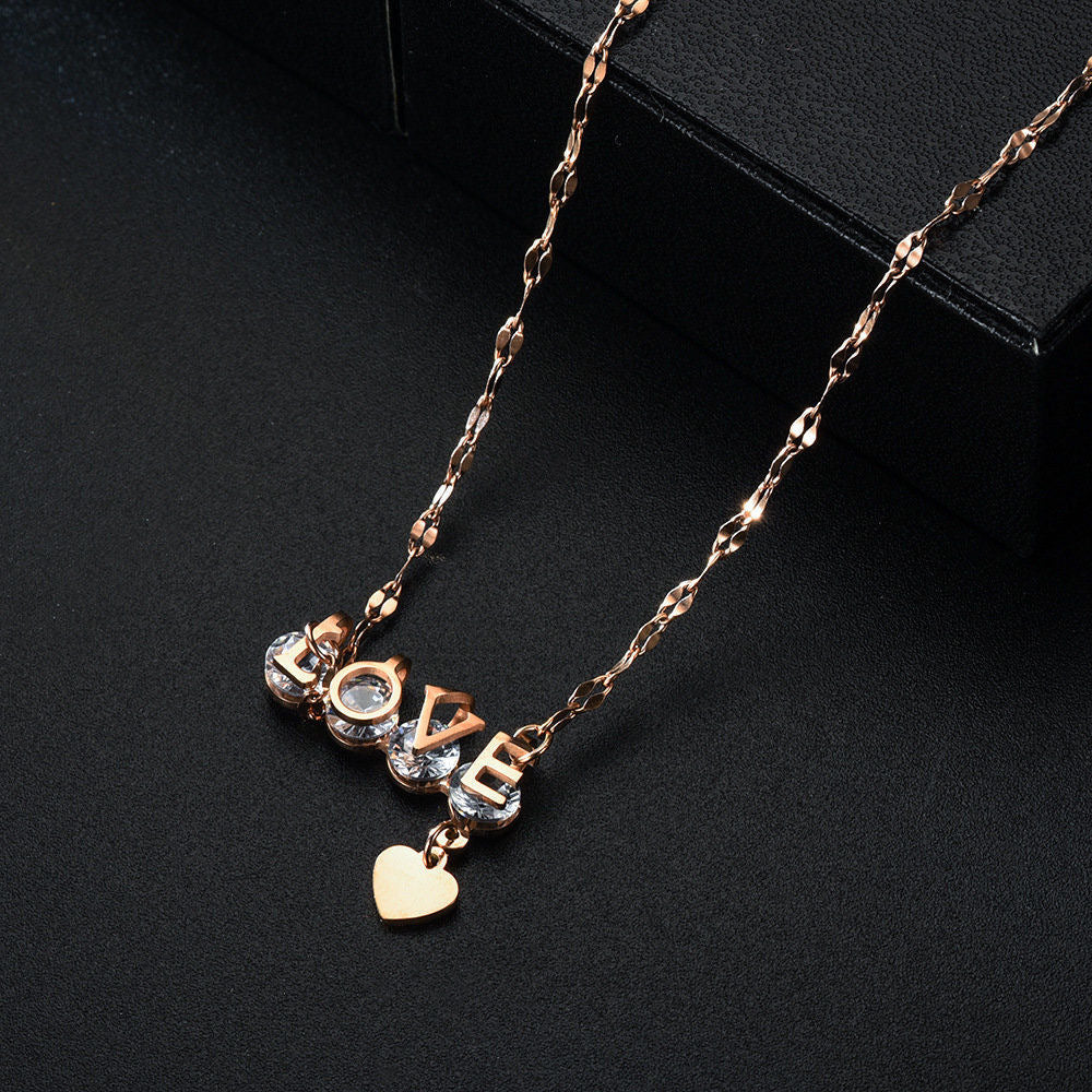 Fashion 18K Gold Plated Titanium Steel LOVE Letter Pendant Necklace Lip Chain for Women