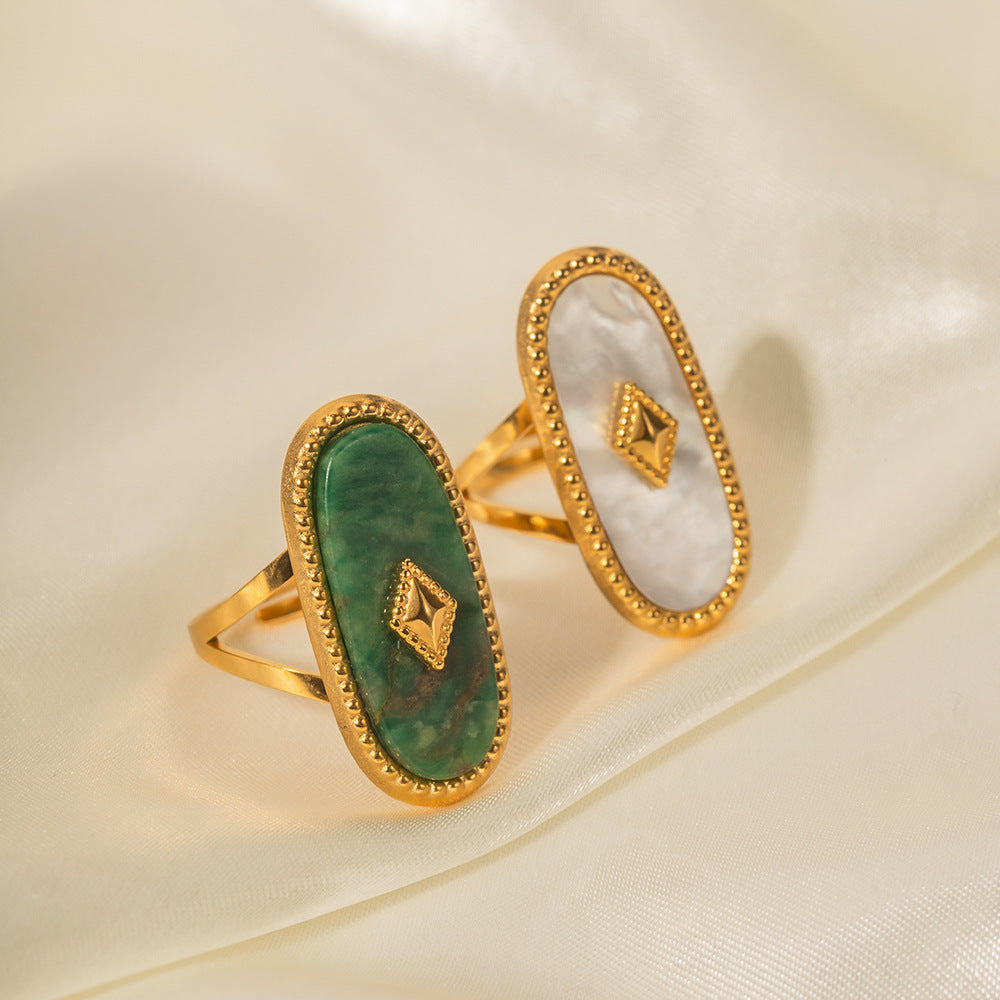Vintage 18K Gold Plated Stainless Steel Geometric Open Ring with Natural African Jade Stone for Women