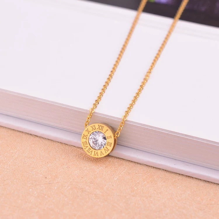 Minimalist Geometric Roman Pendant Necklace for Women in Titanium Steel with Gold Plating Locket Chain