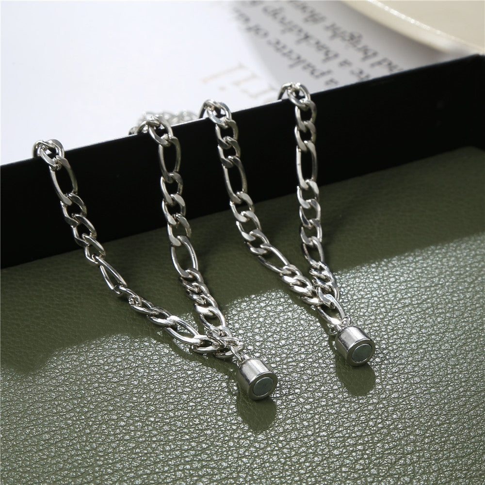 Minimalist Geometric Lock and Key Magnetic Couple Bracelet Set Alloy Plated