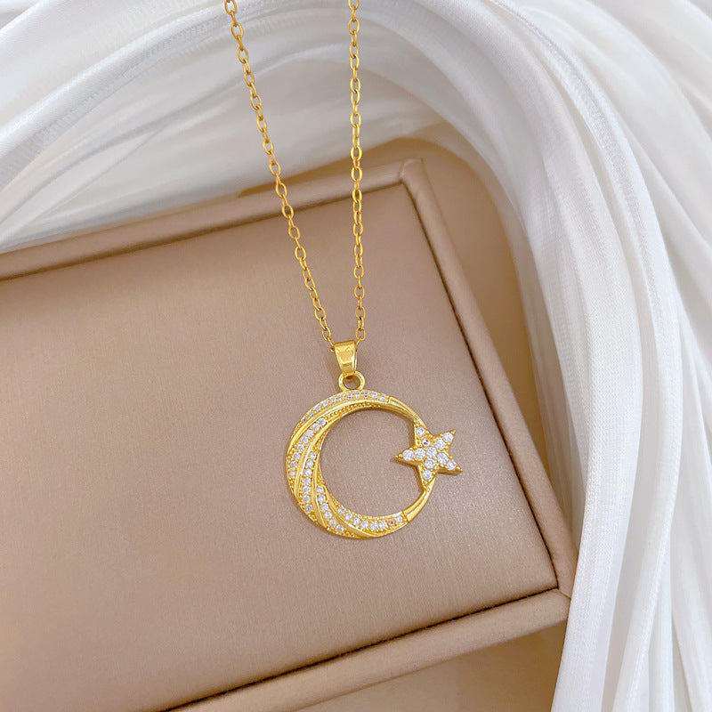 Sweet Elegant Moon Star Geometric Rhinestone Titanium Steel Necklace Unisex Cable Chain