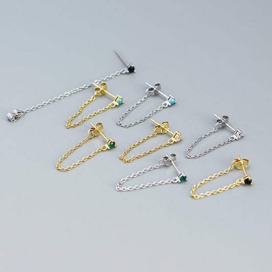 Orecchini a Filo Pendenti in Argento Sterling S925, Minimalisti, Geometrici, con Strass, da Donna