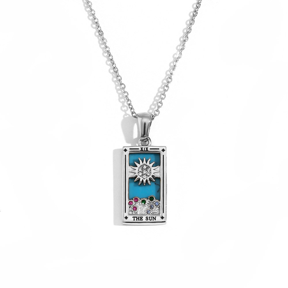 Vintage Tarot Card Pendant Necklace for Women Stainless Steel with 18K Gold Plating Geometric Four-Sided Design Fashion Office Style