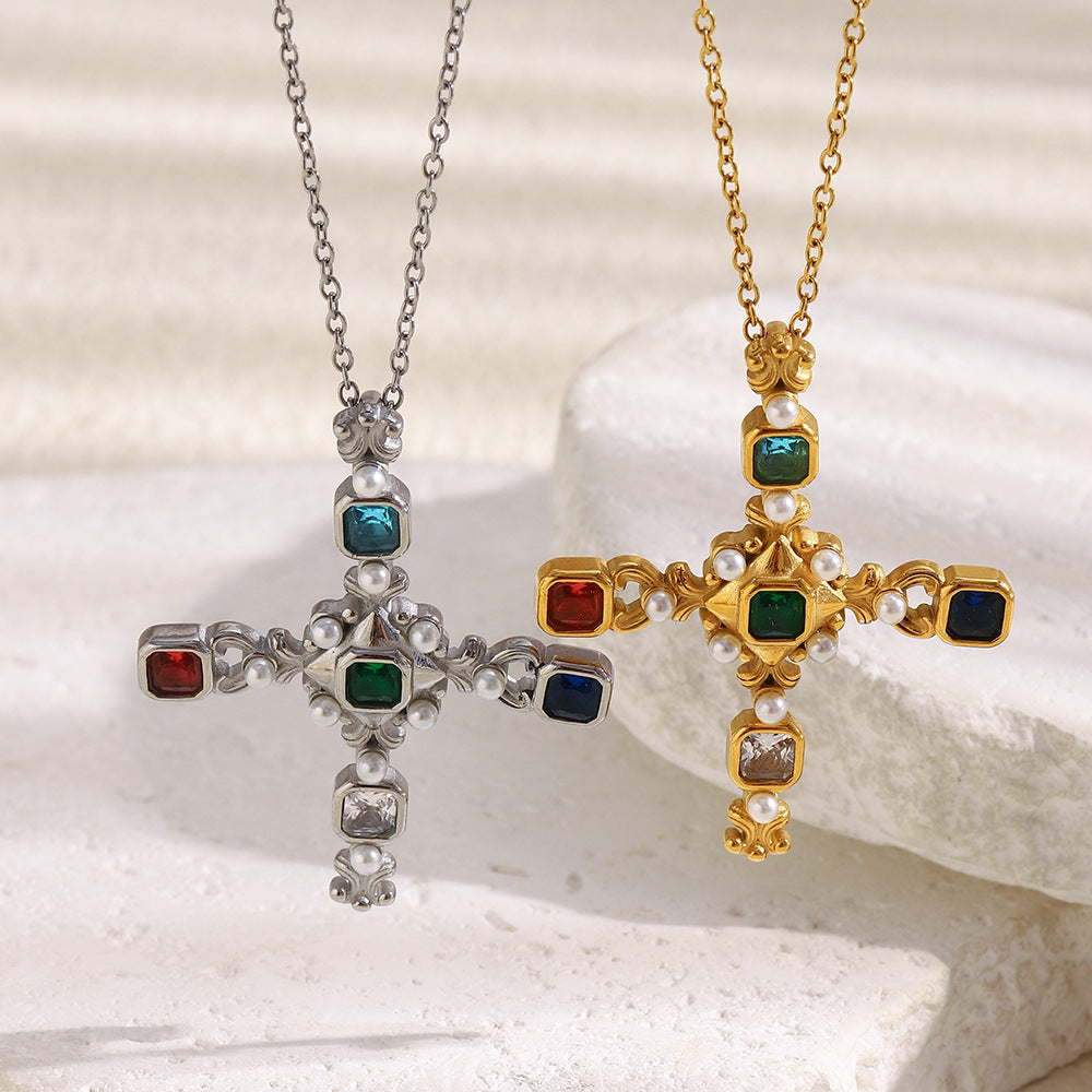 Collana Pendente Croce Vintage di Lusso da Donna in Acciaio Inossidabile con Placcatura in Oro 18K Forma Geometrica Perla Simulato e Intarsio Zircone
