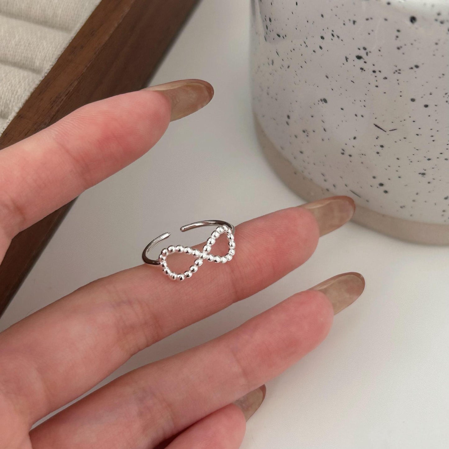 Minimalist Sweet 925 Sterling Silver Geometric Infinity Beaded Open Ring for Women