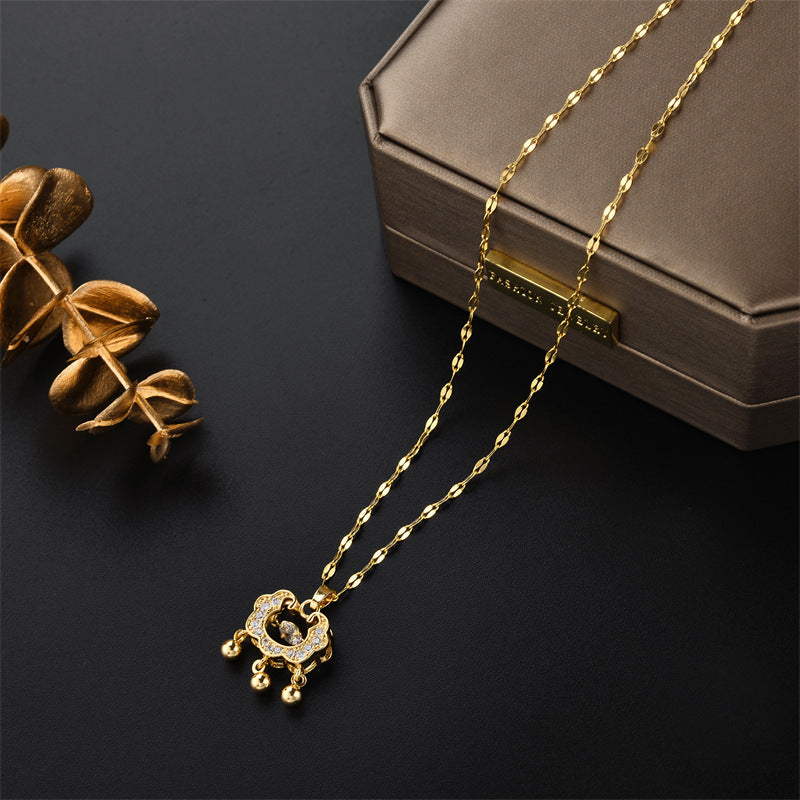 Geometric Longevity Lock Pendant Necklace in Titanium Steel with Gold Plating on Water Wave Chain