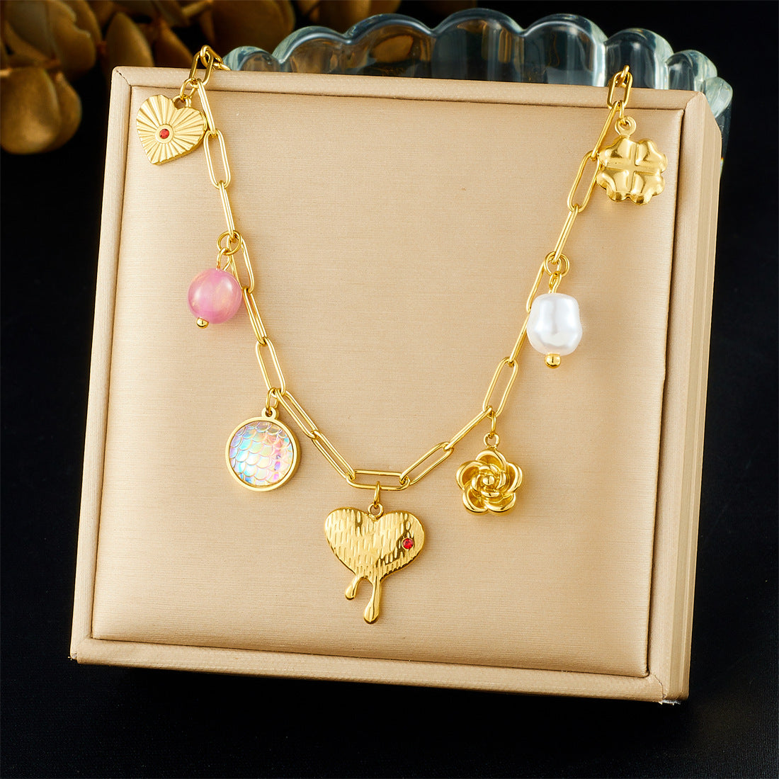 Casual Gold Plated Stainless Steel Heart Floral Rhinestone Pendant Necklace for Women