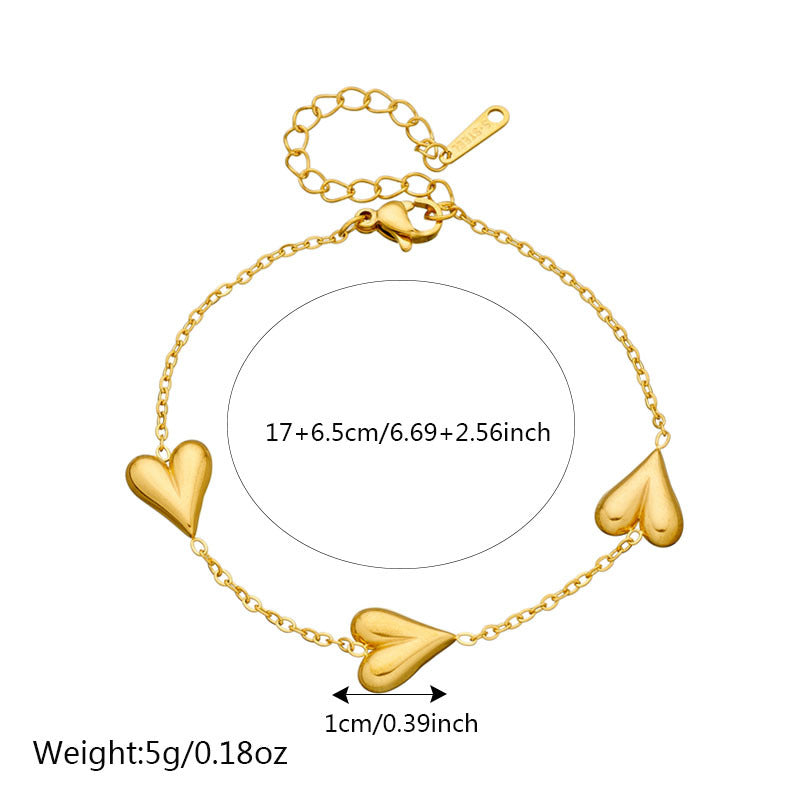 Gold Plated Stainless Steel Heart Charm Bracelet and Necklace Set for Women Fashionable Office Lady Commuting Jewelry