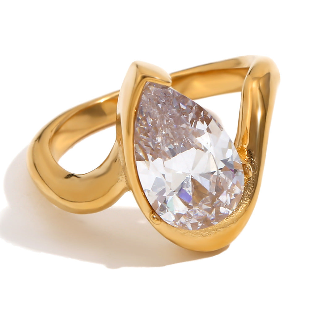 Fashion Elegant Geometric Teardrop Gold Plated Stainless Steel Ring with Rhinestone for Women