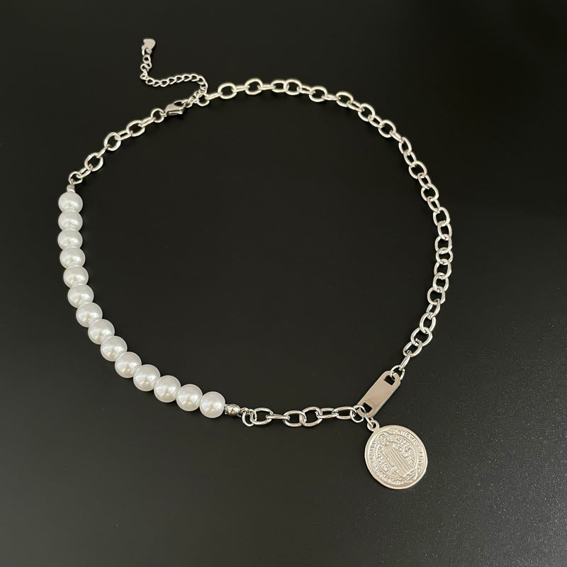 Retro Minimalist Geometric Pearl Necklace for Women Stainless Steel Oxidized Clavicle Chain