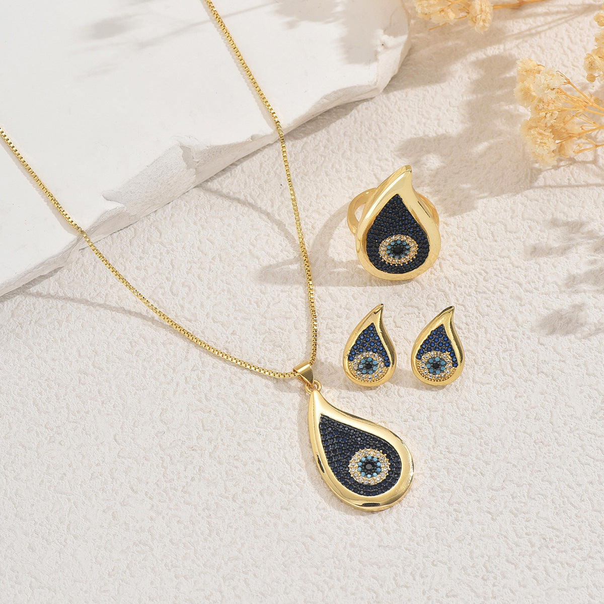 Conjunto de collar de estilo hippie con colgante de ojo turco y cadena de aleación con incrustaciones de diamantes de imitación para mujer