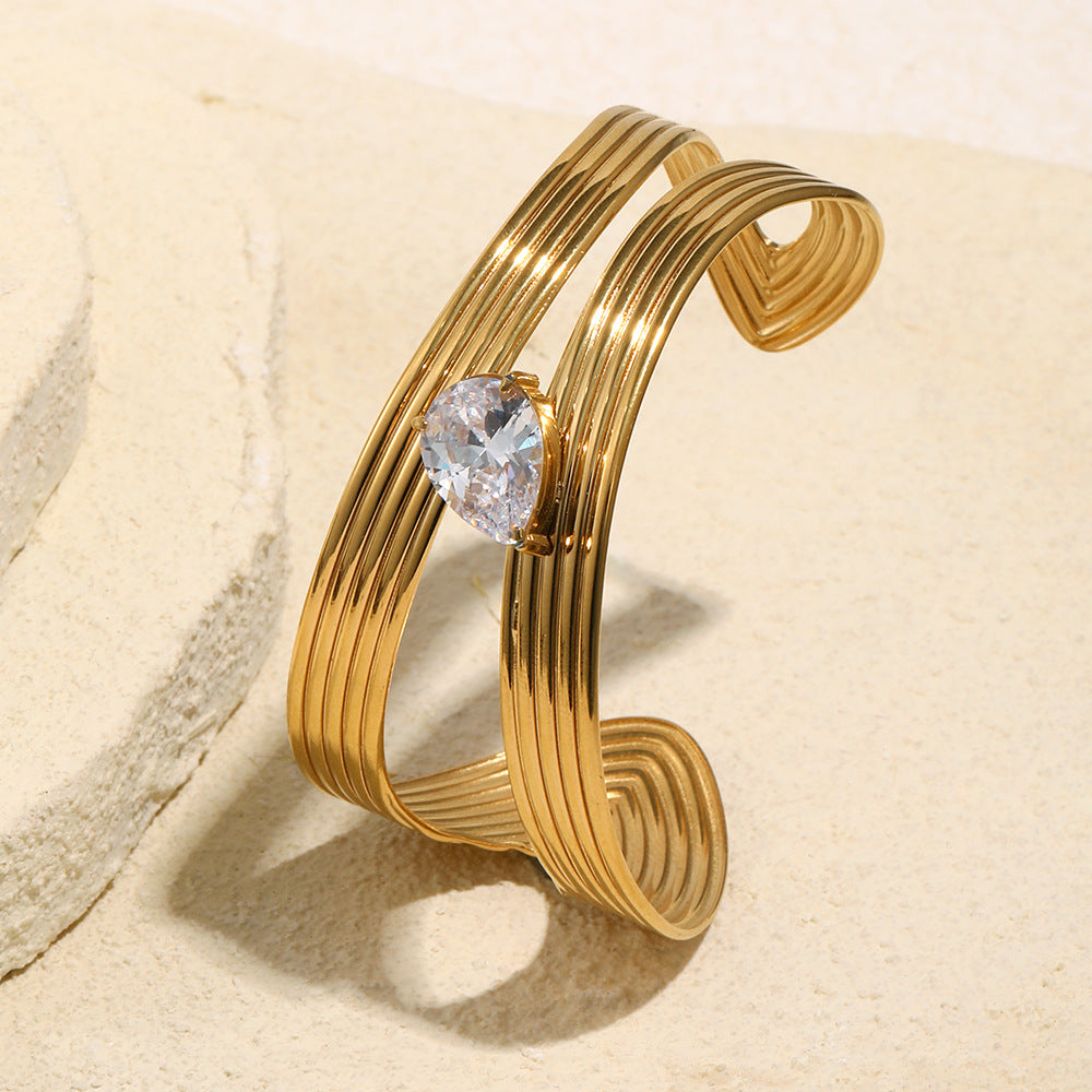 Minimalist Stainless Steel Plated 18K Gold Tone Geometric Stripe Cuff Bracelet with Zirconia Accents