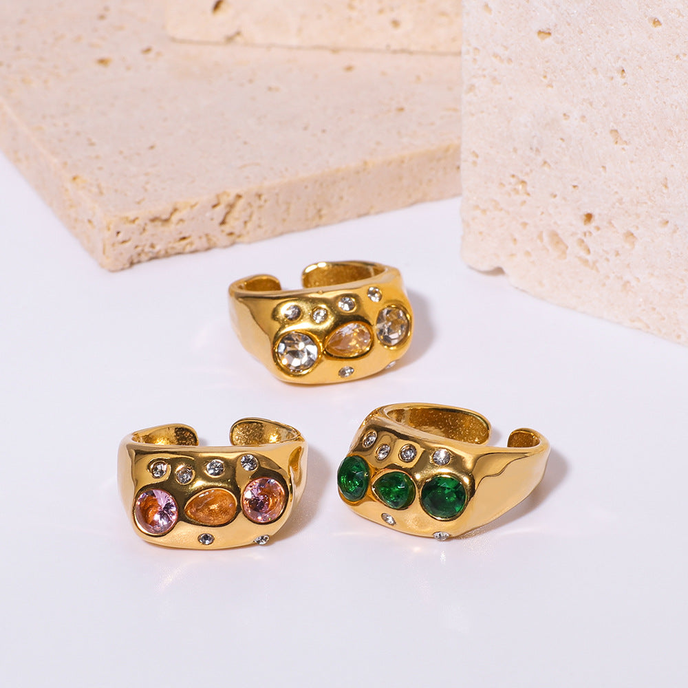 Anello aperto regolabile vintage in acciaio inossidabile con intarsio di strass colorati e placcatura in oro 18 carati, gioiello geometrico minimalista
