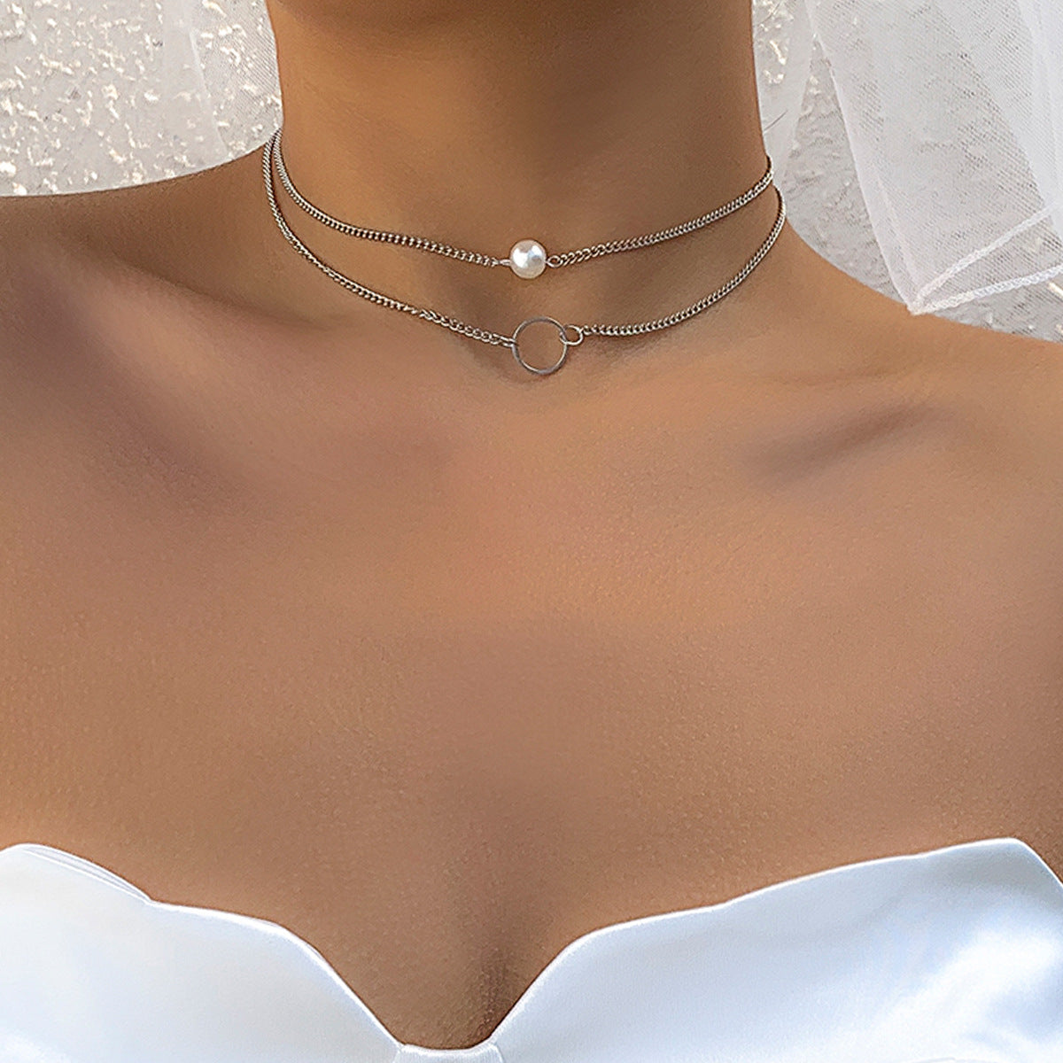 Sweet Geometric Resin Faux Pearl Snake Chain Necklace for Women