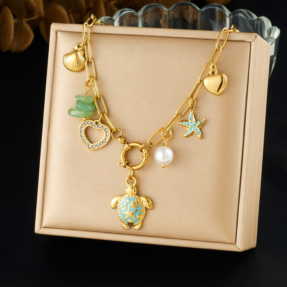 Chic Gold Plated Drip Oil Stainless Steel Animal Turtle Starfish Shell Necklace for Women