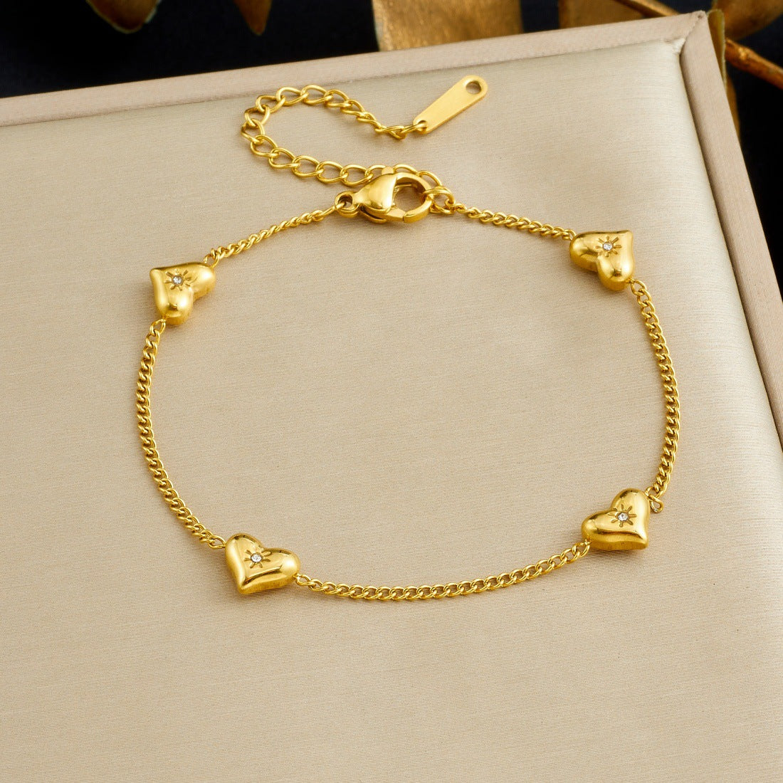 Minimalist Gold Plated Heart Rhinestone Stainless Steel Bracelet for Women