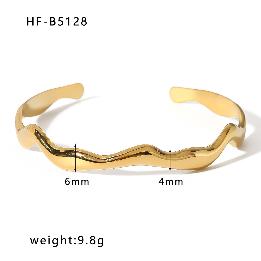 Adjustable Open Bangle Bracelet for Women in Stainless Steel with 18K Gold Plating, Hollow-Out Design, Textured Chain and Irregular Woven Pattern