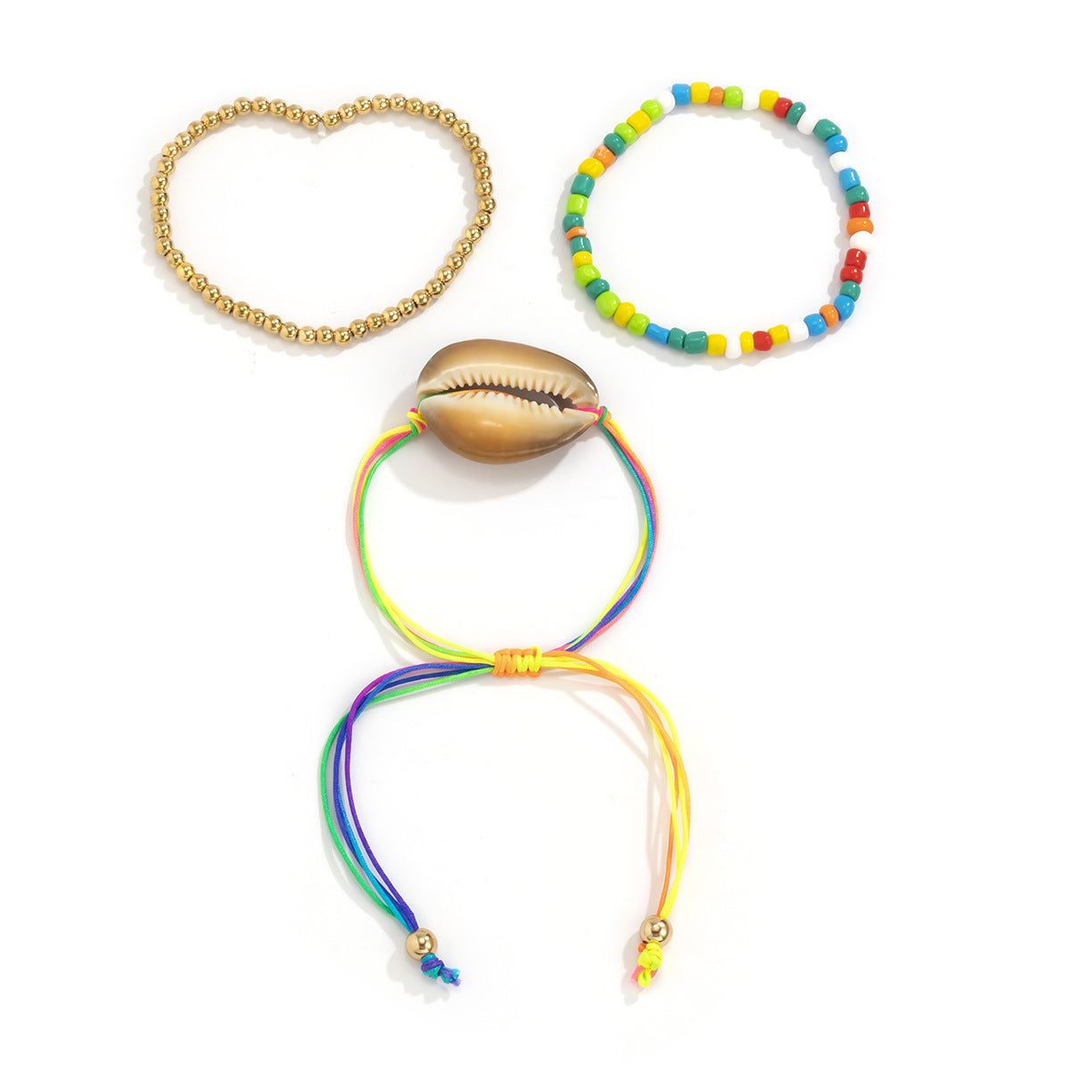 Bracciale elastico Boho Chic da donna con perline, ciondoli a conchiglia e dettagli a margherita in resina e plastica