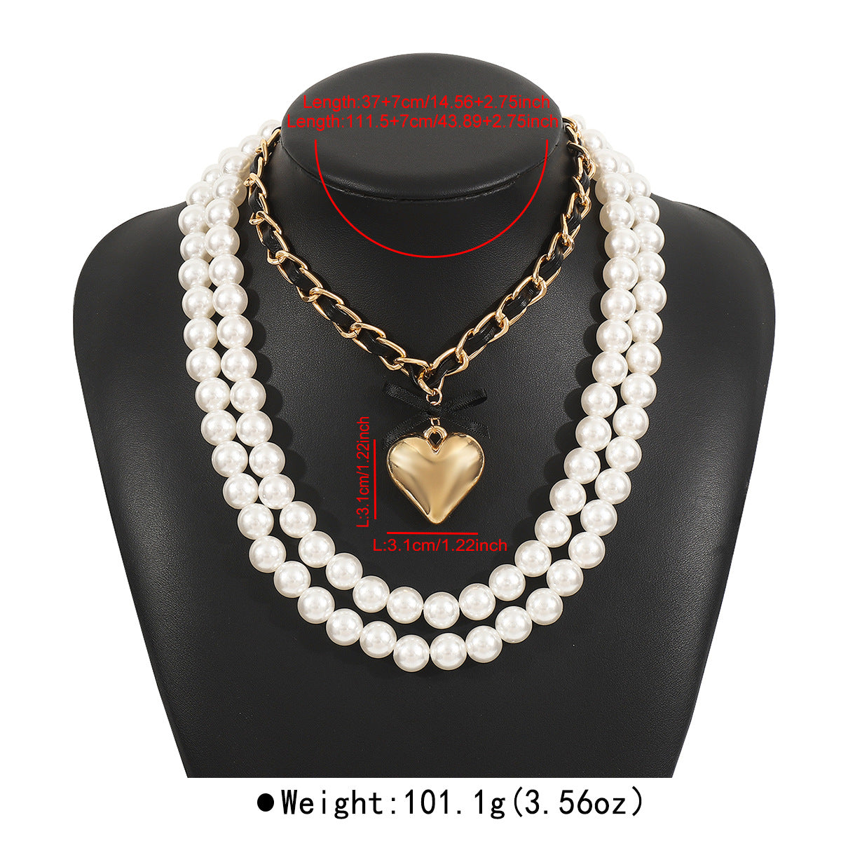 Collana con pendente a cuore e fiocco d'ispirazione vintage con perle finte in lega placcata su pelle PU e nastro per donna