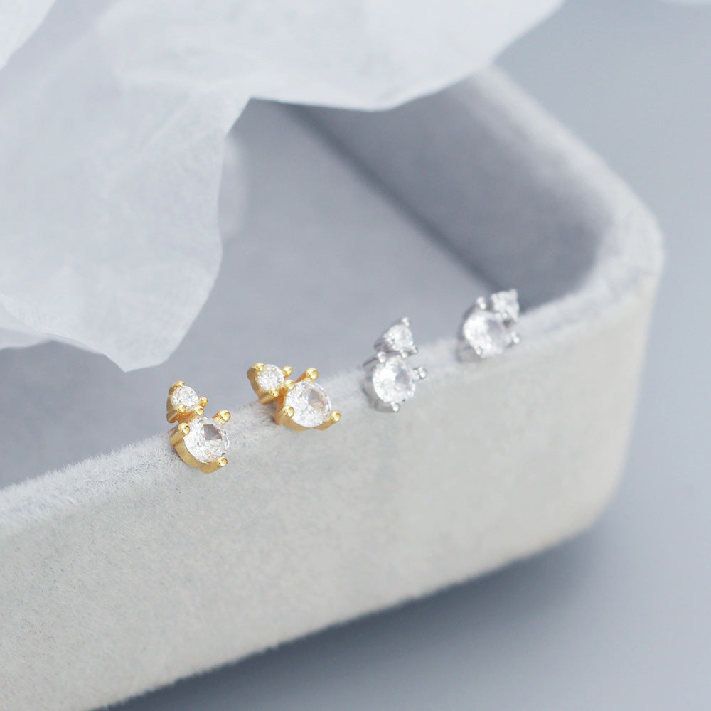 Minimalist Sweet 925 Sterling Silver Geometric Round Inlaid Cubic Zirconia Diamond Stud Earrings for Women