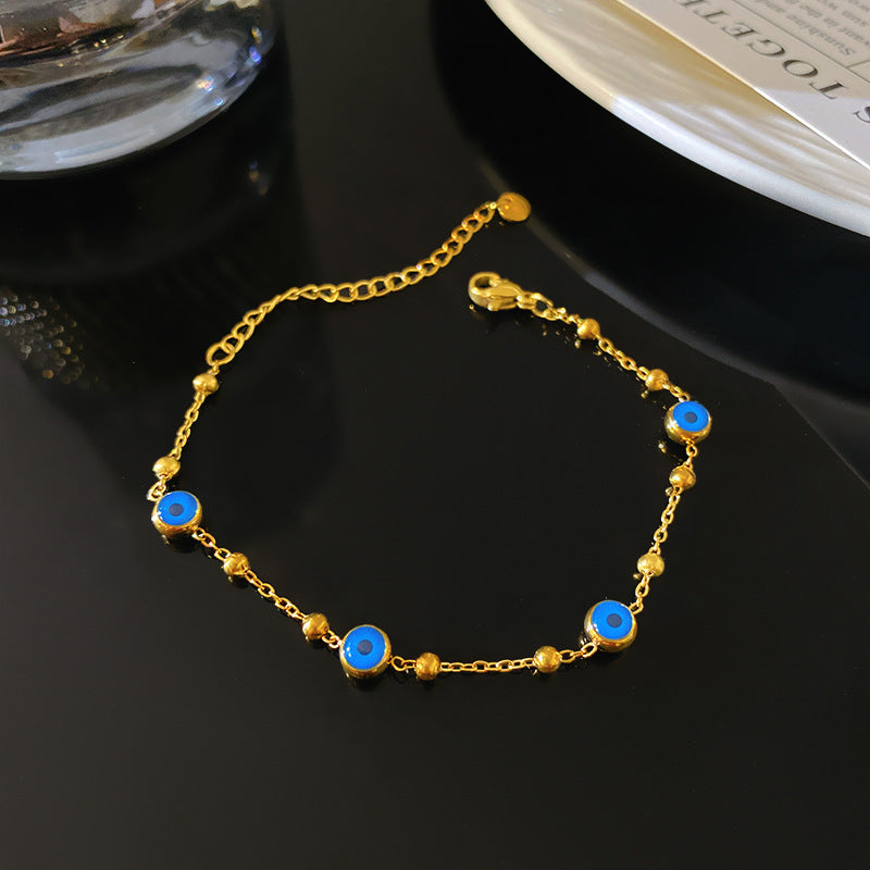 Vintage Luxury Round Geometric Gold Plated Titanium Steel Blue Evil Eye Bracelet for Women