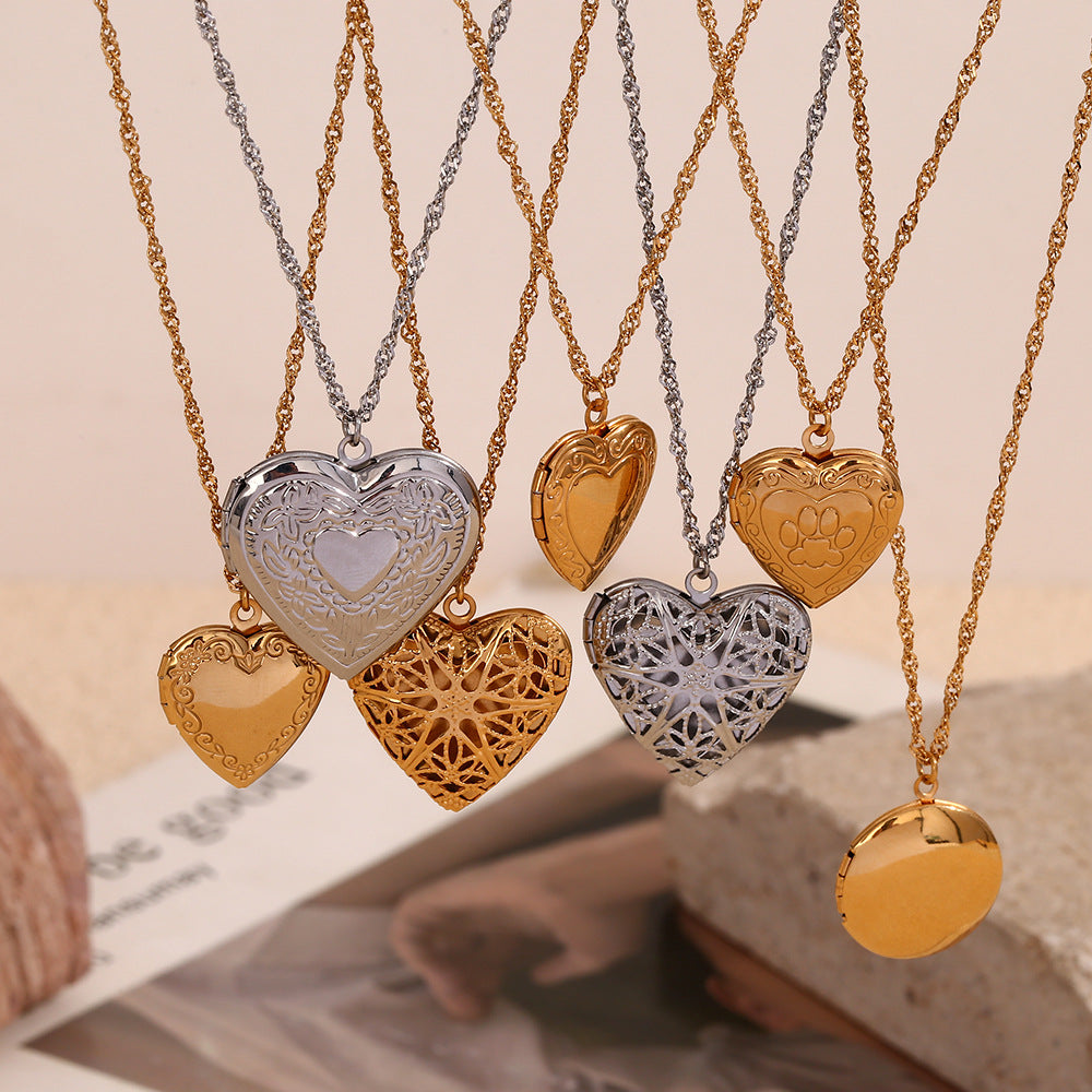 Geometric Vintage Pendant Necklace for Women Stainless Steel with 18K Gold Plating Heart-Shaped Photo Locket