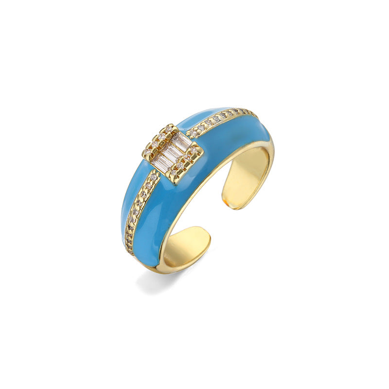 Geometric Micro-inlay Cubic Zirconia 18K Gold Plated Drip Oil Brass Ring for Women