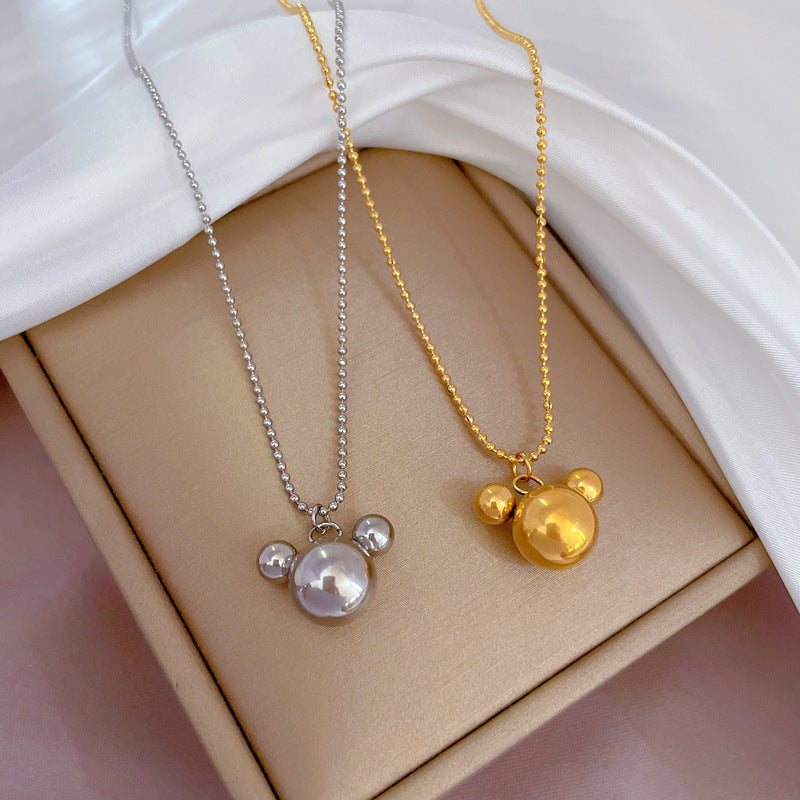 Minimalist Titanium Steel Geometric Mickey Mouse Pendant Necklace for Women with Gold Plating Locket Chain