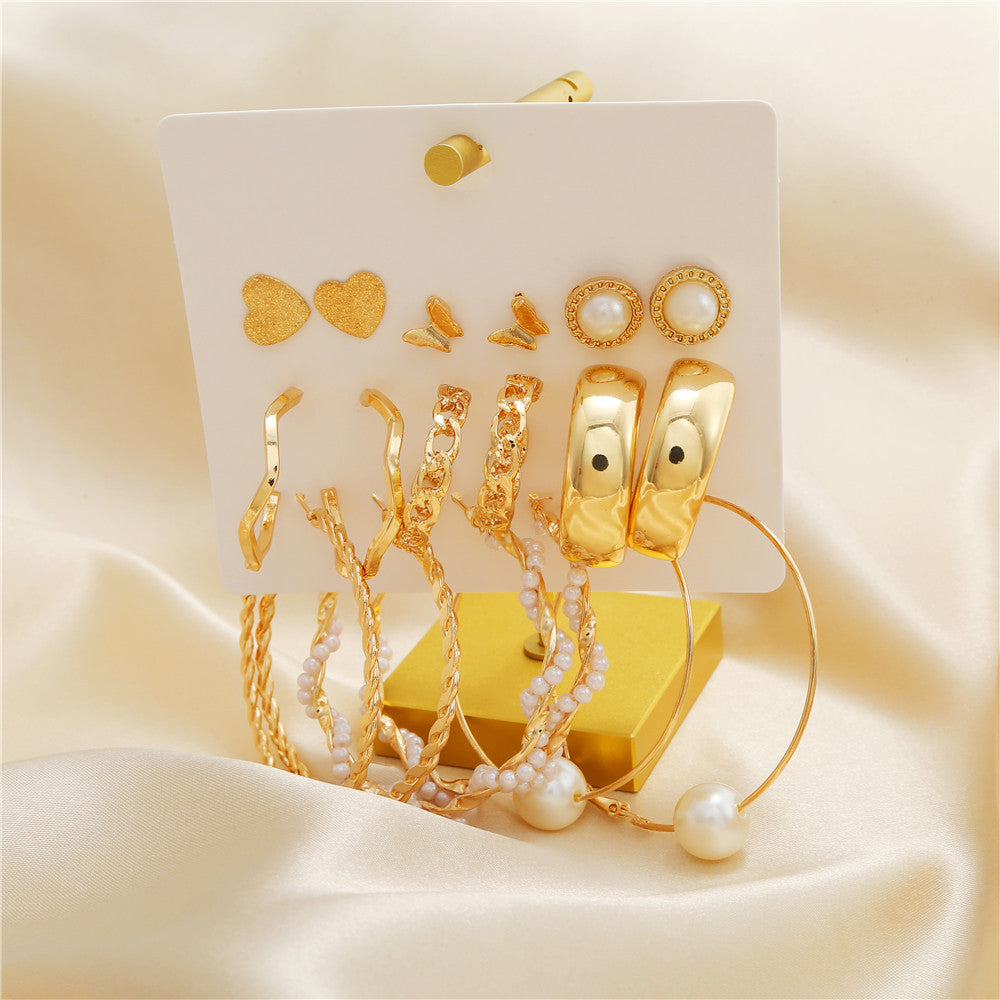 Elegant Geometric Heart Butterfly Pearl Hoop Earrings Set Alloy Plated Stainless Steel Post for Women