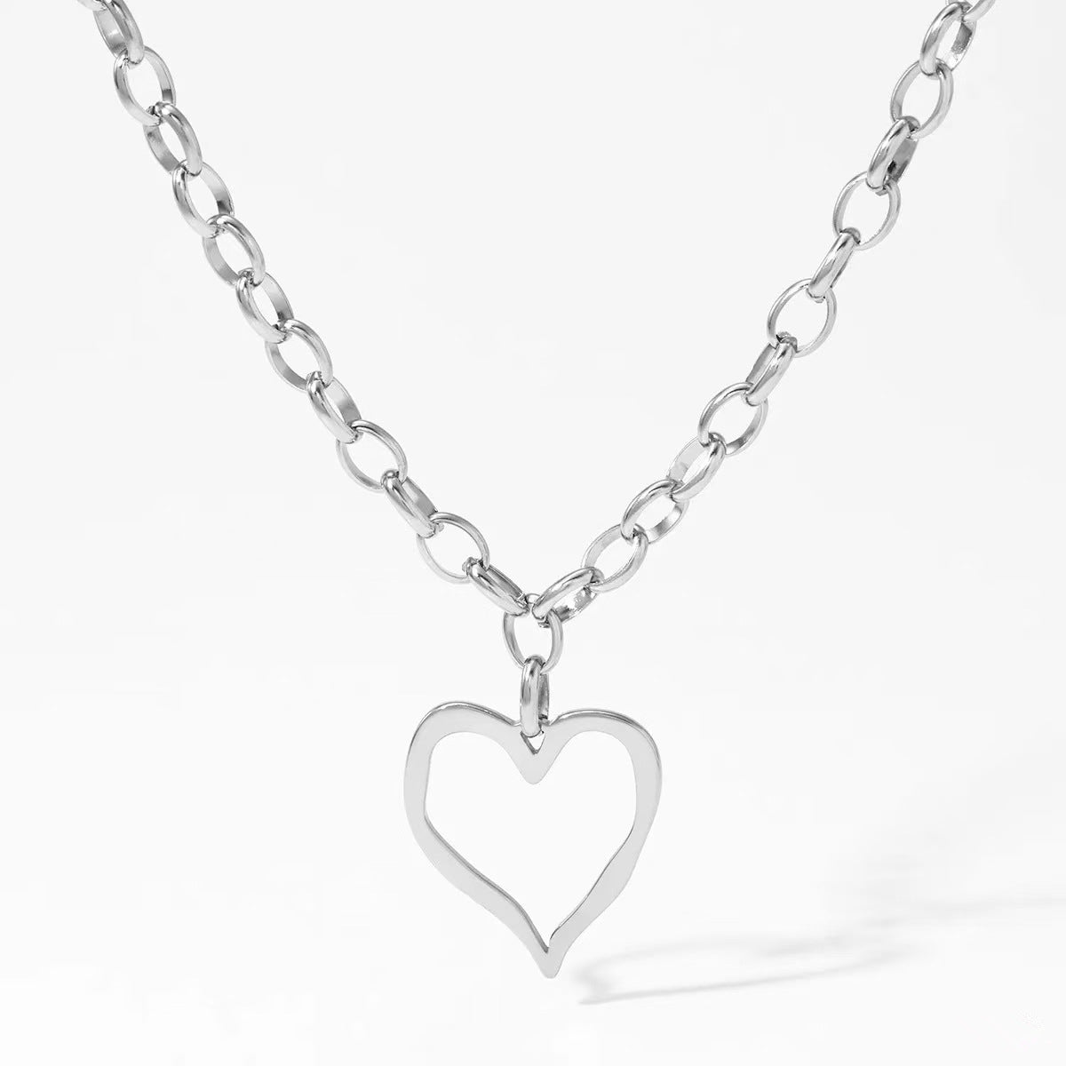 Vintage Oversized Hollow Heart-Shaped Stainless Steel Thick Sweater Necklace with Plated Finish for Women and Men