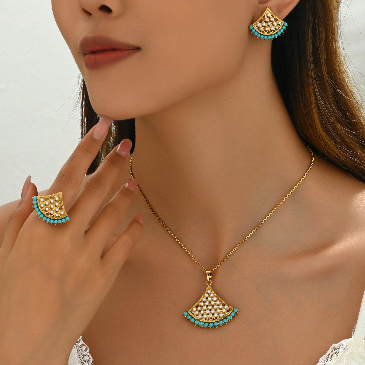 Fashion OL Fan Shape Alloy Jewelry Set with Pearl Inlay for Women