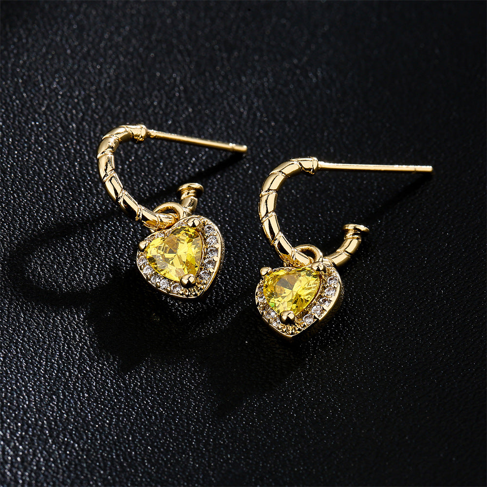 Geometric Heart-Shaped Copper Earrings with 18K Gold Plating and Four-Color Cubic Zirconia for Women