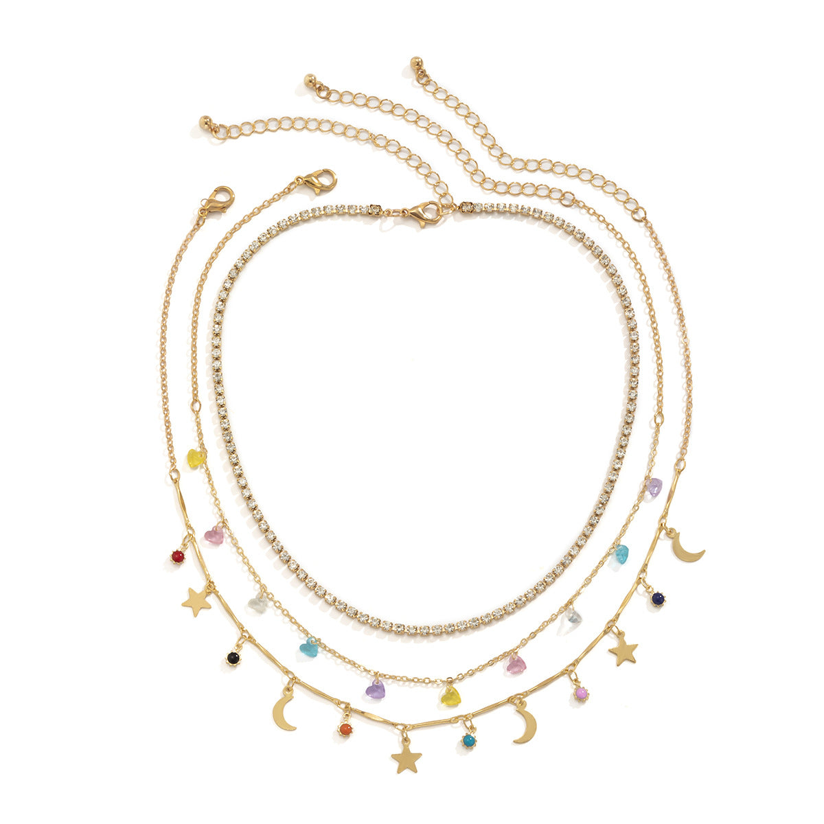 Vintage Ethnic Geometric Star Moon Alloy Plated Pendant Necklace with Curb Chain for Women