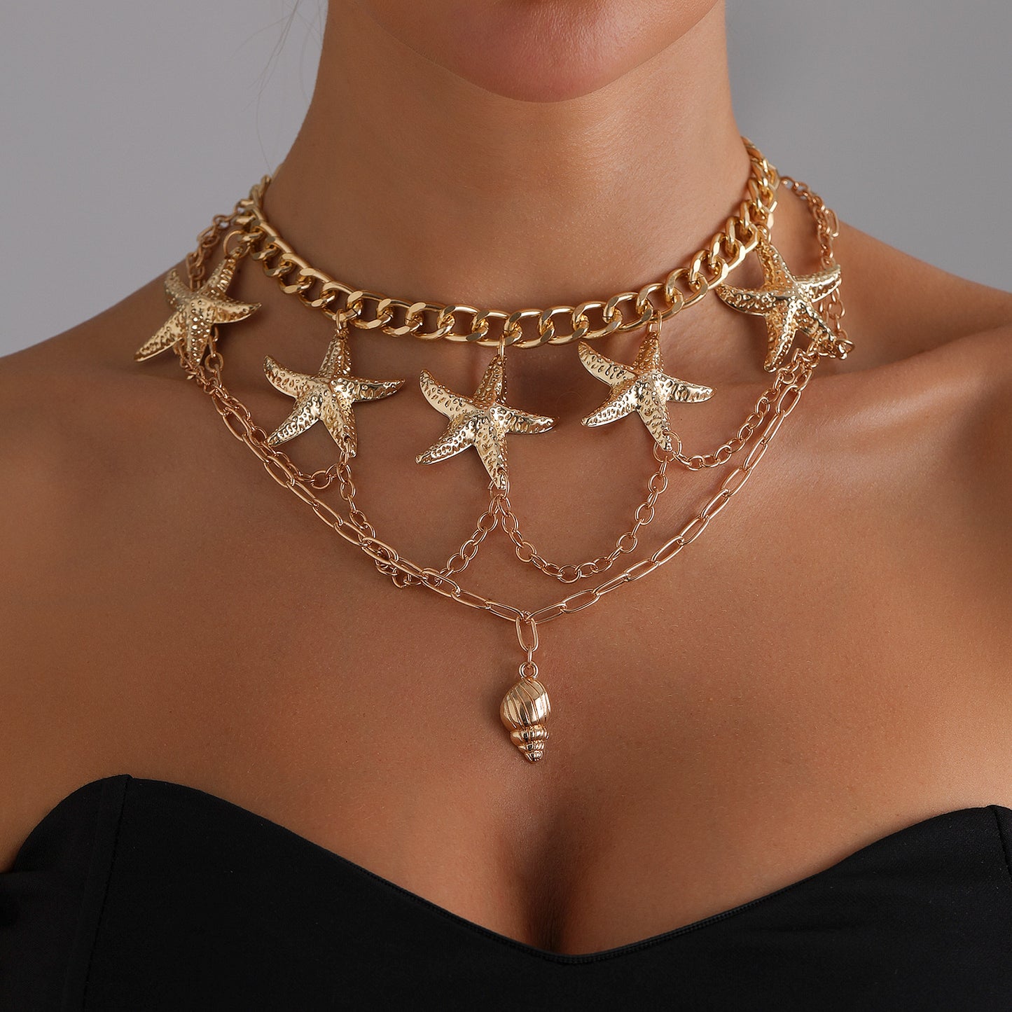 Vintage Starfish Seashell Beach-Themed Necklace for Women Alloy Pendant with Plated Finish on Clavicle Chain