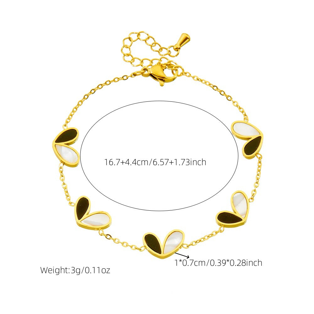 Minimalist Elegant Black and White Two-Tone Heart Stainless Steel Plated Necklace Earring Bracelet Set with Cable Chain