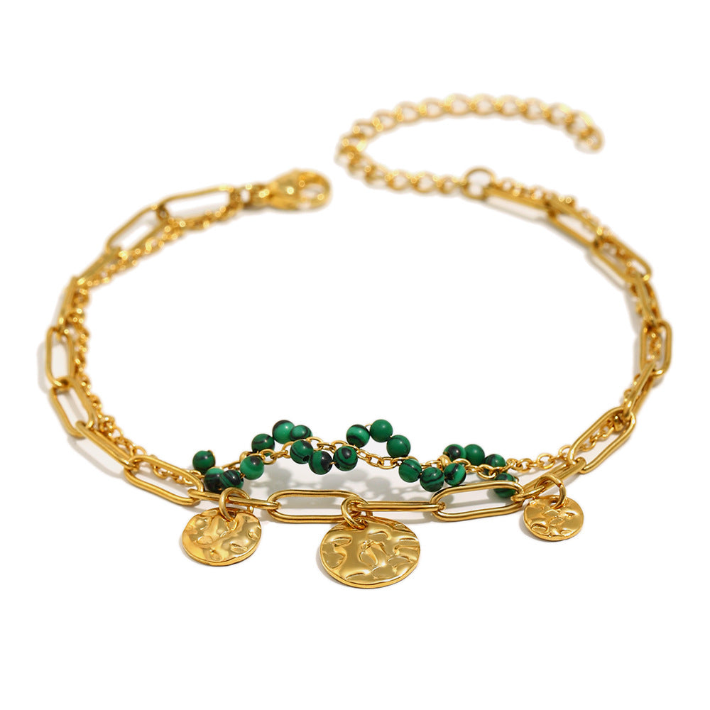 Vintage-Inspired Geometric Stainless Steel Plated with 18K Gold Hand Pendant Bracelet Featuring Natural Stone and Palm-Shaped Coin Charm