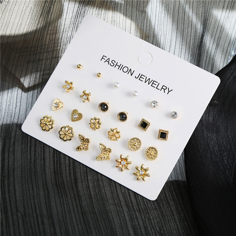 Minimalist Casual Geometric Butterfly Floral Gold Plated Stainless Steel Rhinestone Stud Earrings Set